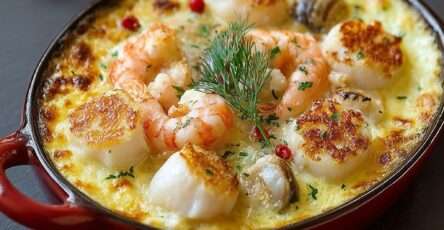 Cassolette de fruits de mer gratinée au four avec crevettes, moules et Saint-Jacques nappées d’une sauce crémeuse dorée au fromage.