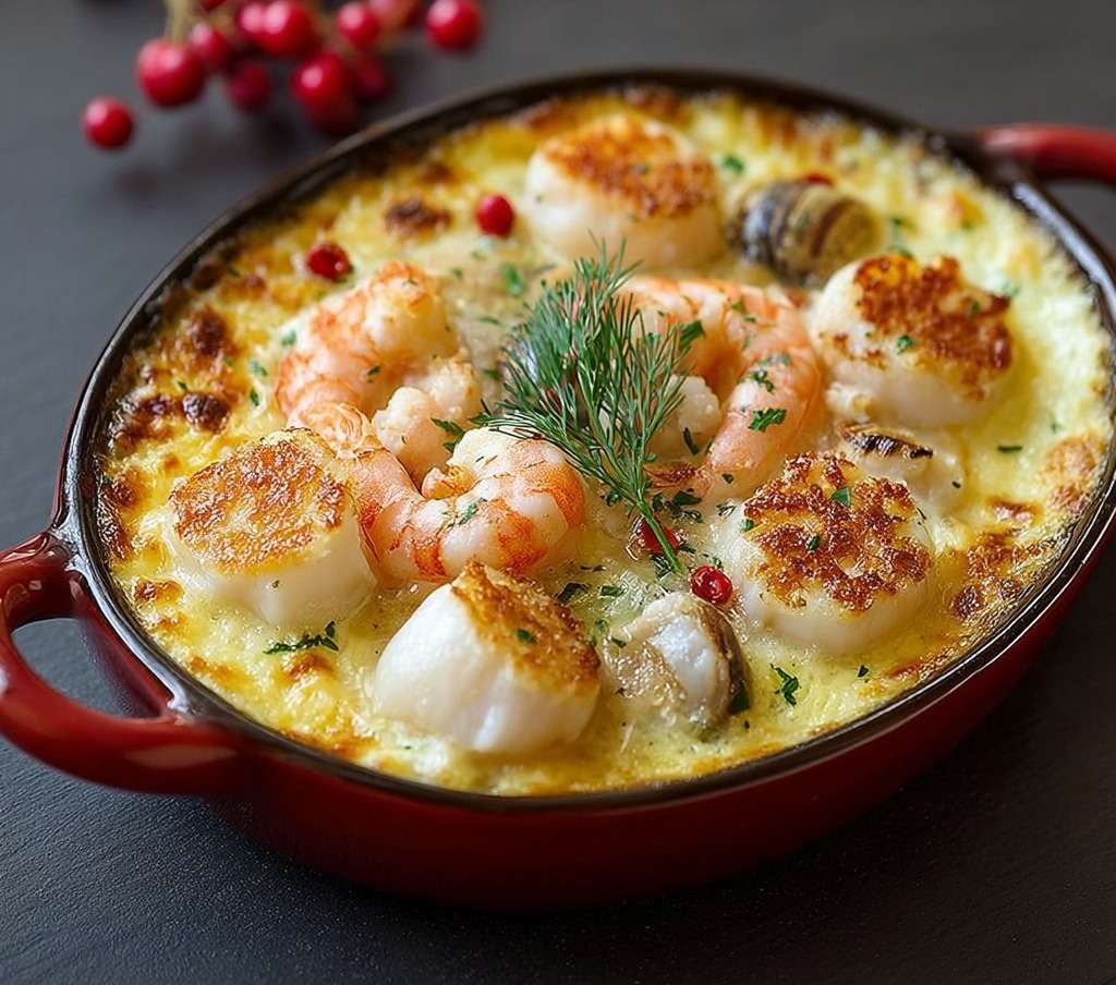 Cassolette de fruits de mer gratinée au four avec crevettes, moules et Saint-Jacques nappées d’une sauce crémeuse dorée au fromage.