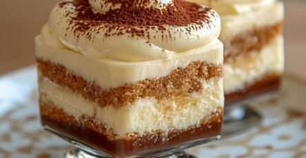 Tiramisu en verrines crémeux avec couches de biscuits imbibés de café, crème mascarpone légère et cacao saupoudré sur le dessus.