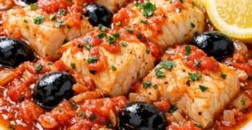 Ragoût de poisson provençal avec morceaux de poisson blanc dans une sauce tomate aux olives noires, ail et herbes, servi chaud en cocotte.