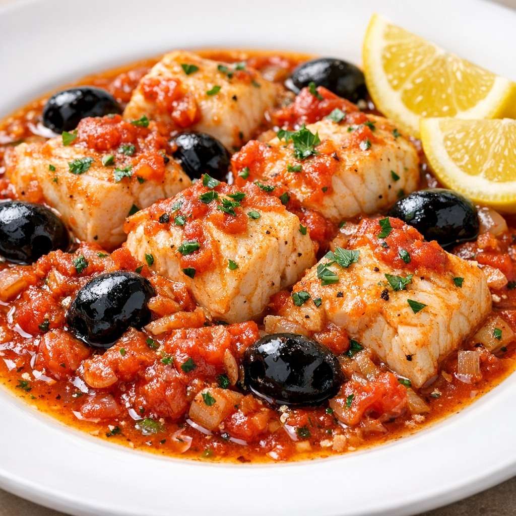 Ragoût de poisson provençal avec morceaux de poisson blanc dans une sauce tomate aux olives noires, ail et herbes, servi chaud en cocotte.