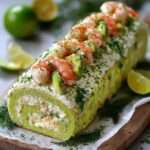 Bûche salée roulée garnie de crème avocat, crevettes et citron vert, décorée avec herbes fraîches et tranches d’avocat.