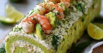 Bûche salée roulée garnie de crème avocat, crevettes et citron vert, décorée avec herbes fraîches et tranches d’avocat.