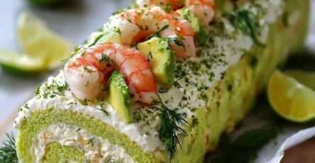 Bûche salée roulée garnie de crème avocat, crevettes et citron vert, décorée avec herbes fraîches et tranches d’avocat.