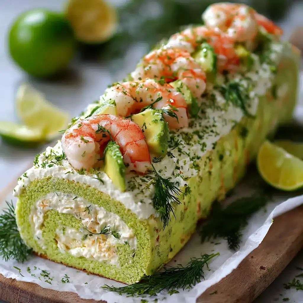 Bûche salée roulée garnie de crème avocat, crevettes et citron vert, décorée avec herbes fraîches et tranches d’avocat.