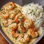 Crevettes dorées nappées de sauce crémeuse à l’ail servies avec du riz moelleux, garnies de persil frais et citron.