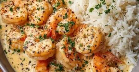 Crevettes dorées nappées de sauce crémeuse à l’ail servies avec du riz moelleux, garnies de persil frais et citron.