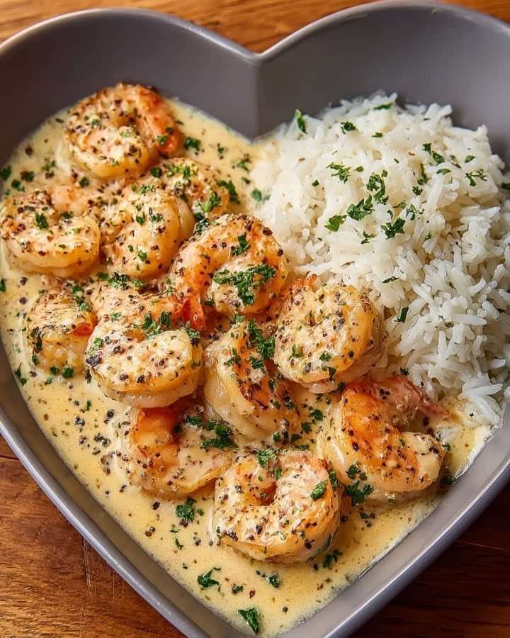 Crevettes dorées nappées de sauce crémeuse à l’ail servies avec du riz moelleux, garnies de persil frais et citron.