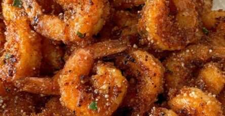 Crevettes panées croustillantes au parmesan et à l’ail, dorées à la perfection, servies avec persil frais et citron.