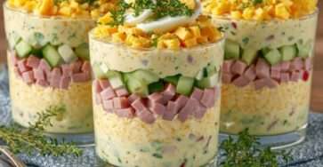Verrines mimosa avec crème d’œufs, dés de jambon, concombre croquant et herbes fraîches, dressées en couches élégantes.