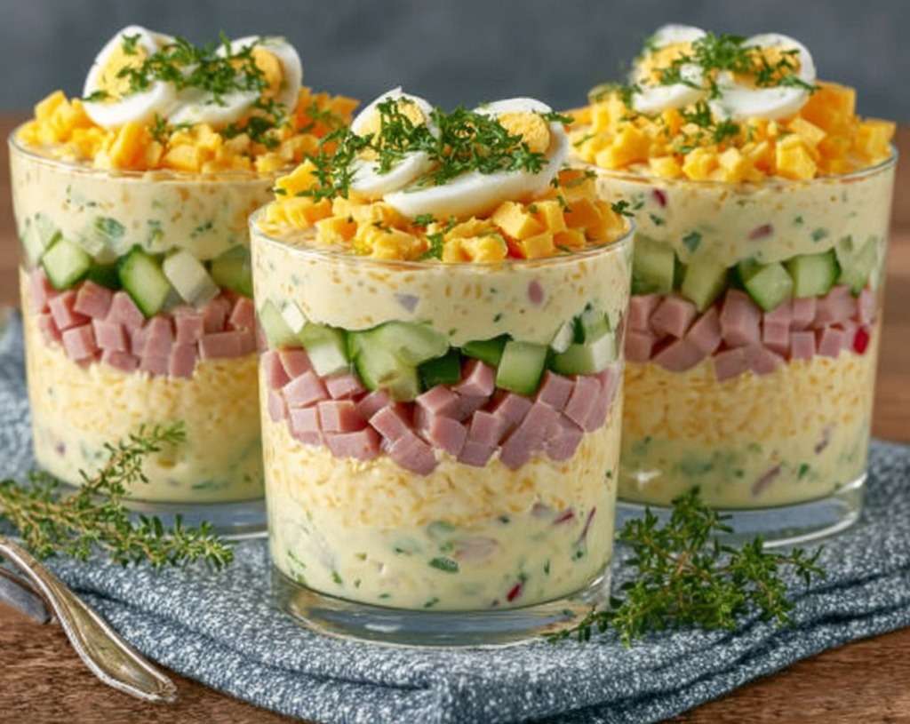 Verrines mimosa avec crème d’œufs, dés de jambon, concombre croquant et herbes fraîches, dressées en couches élégantes.