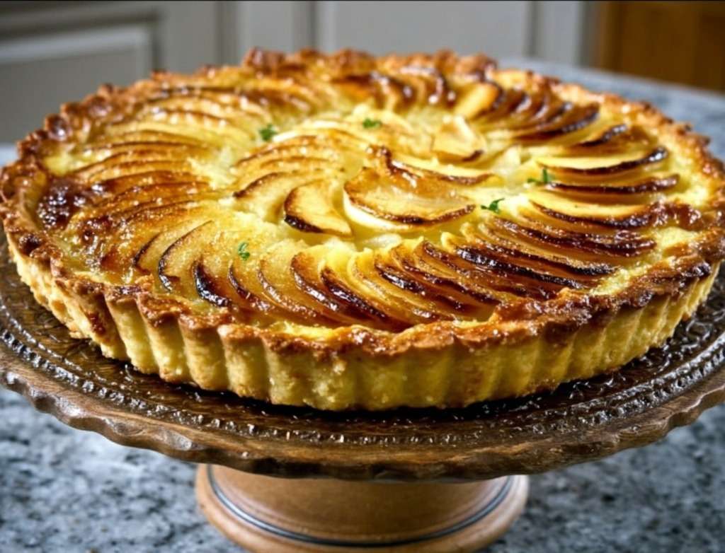 Tarte aux pommes avec crème pâtissière onctueuse, pommes en rosace légèrement caramélisées sur pâte croustillante dorée.