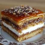 Gâteau caramel en couches avec nappage brillant, crème onctueuse et intérieur moelleux, présenté en parts gourmandes.