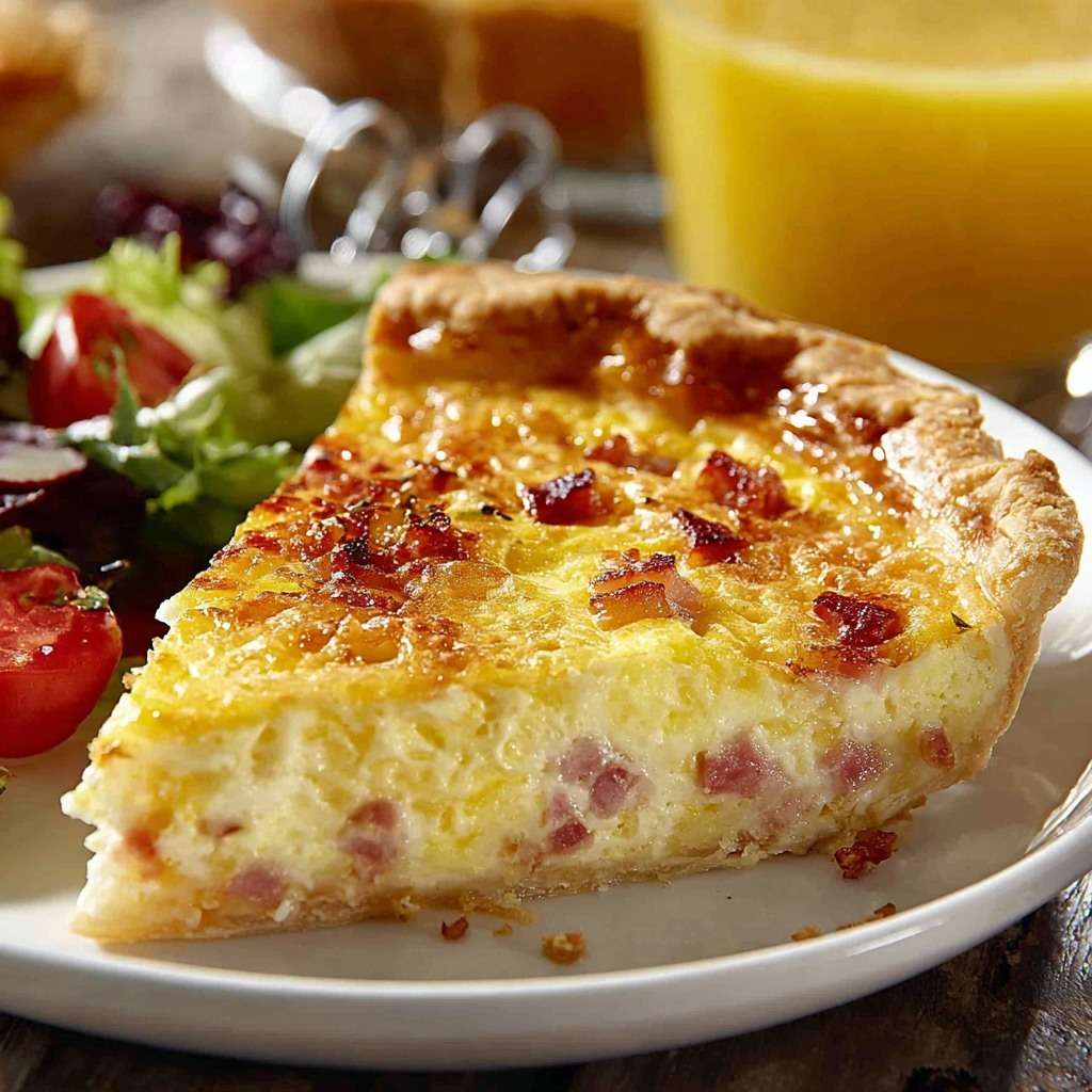 Quiche lardons fromage dorée, avec pâte croustillante, garniture crémeuse et fromage fondu gratiné en surface.