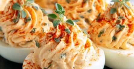 Œufs mimosa garnis de crème onctueuse au fromage frais, saupoudrés de paprika et décorés de thym frais sur un plat.