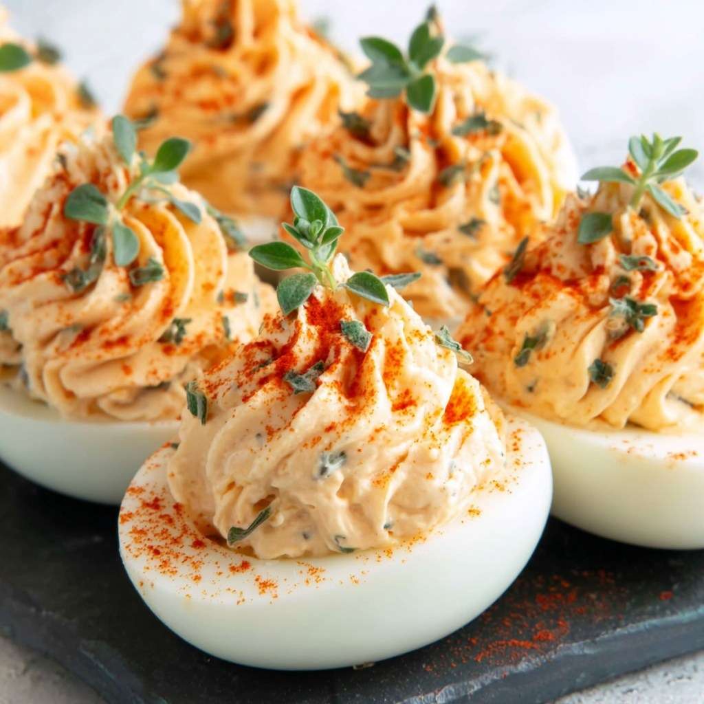 Œufs mimosa garnis de crème onctueuse au fromage frais, saupoudrés de paprika et décorés de thym frais sur un plat.