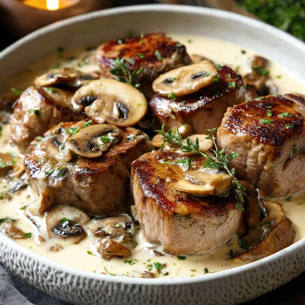 Médaillons de filet mignon nappés de sauce crémeuse aux champignons, servis chauds avec persil frais et texture fondante.