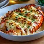 Langouste thermidor gratinées au comté, nappées de sauce crémeuse à la moutarde, surface dorée et chair tendre.