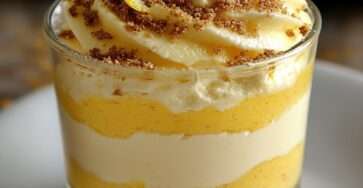 Verrines citron façon cheesecake avec couches de biscuits spéculoos, crème légère au fromage et citron, décorées de zestes.