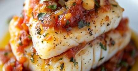 Dos de cabillaud fondant nappé de sauce tomate au basilic, servi chaud avec herbes fraîches et texture nacrée.
