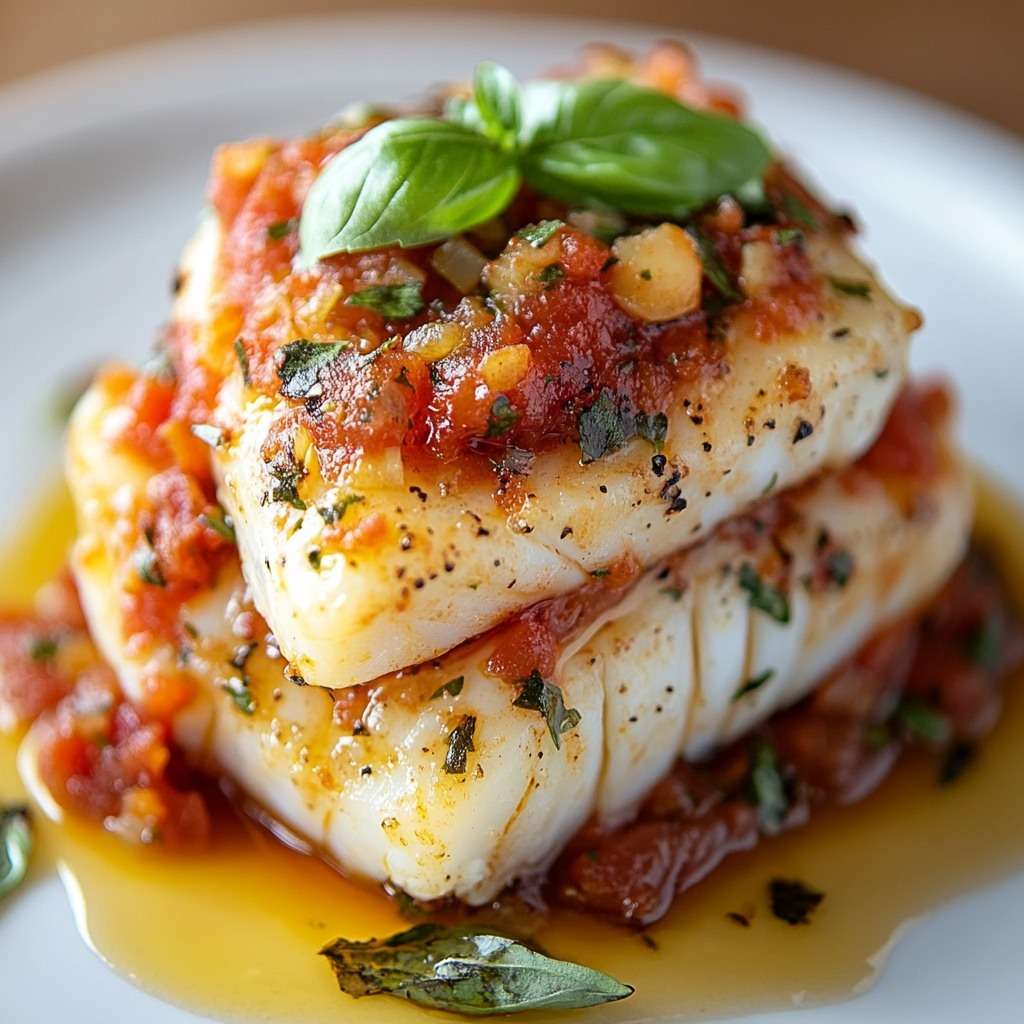 Dos de cabillaud fondant nappé de sauce tomate au basilic, servi chaud avec herbes fraîches et texture nacrée.