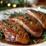 Magret de canard tranché avec peau croustillante nappé de sauce miel balsamique, servi chaud avec brillance appétissante.