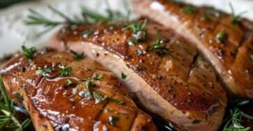 Magret de canard tranché avec peau croustillante nappé de sauce miel balsamique, servi chaud avec brillance appétissante.