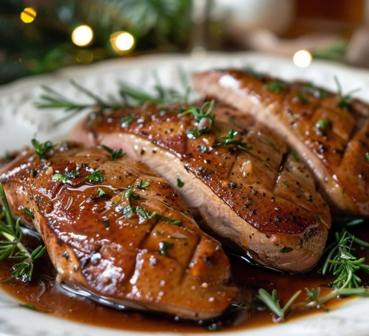 Magret de canard tranché avec peau croustillante nappé de sauce miel balsamique, servi chaud avec brillance appétissante.