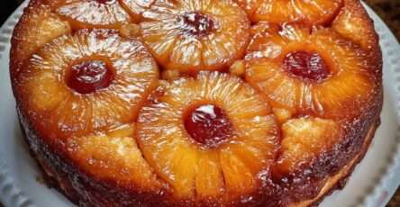 Gâteau renversé à l’ananas maison, doré et moelleux, garni de rondelles d’ananas caramélisées et démoulé sur un plat de service.
