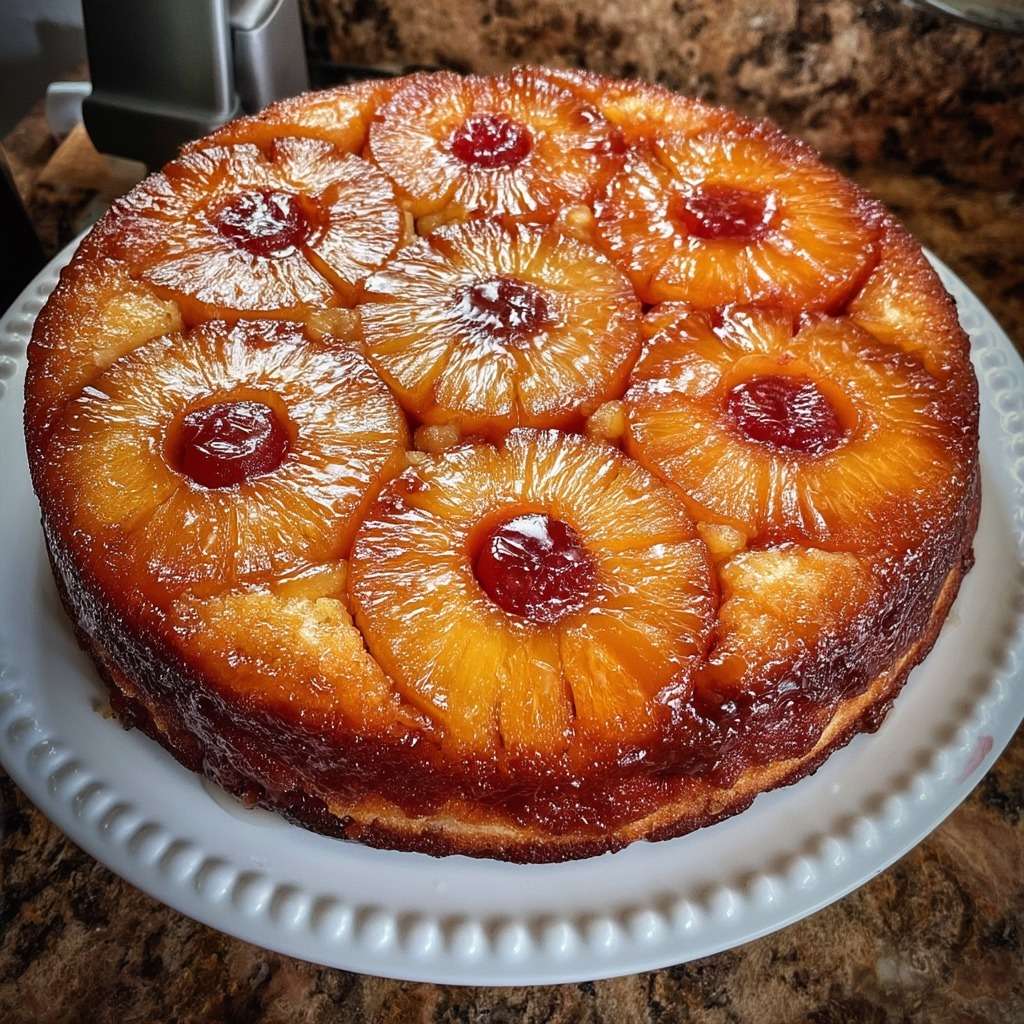 Gâteau renversé à l’ananas maison, doré et moelleux, garni de rondelles d’ananas caramélisées et démoulé sur un plat de service.