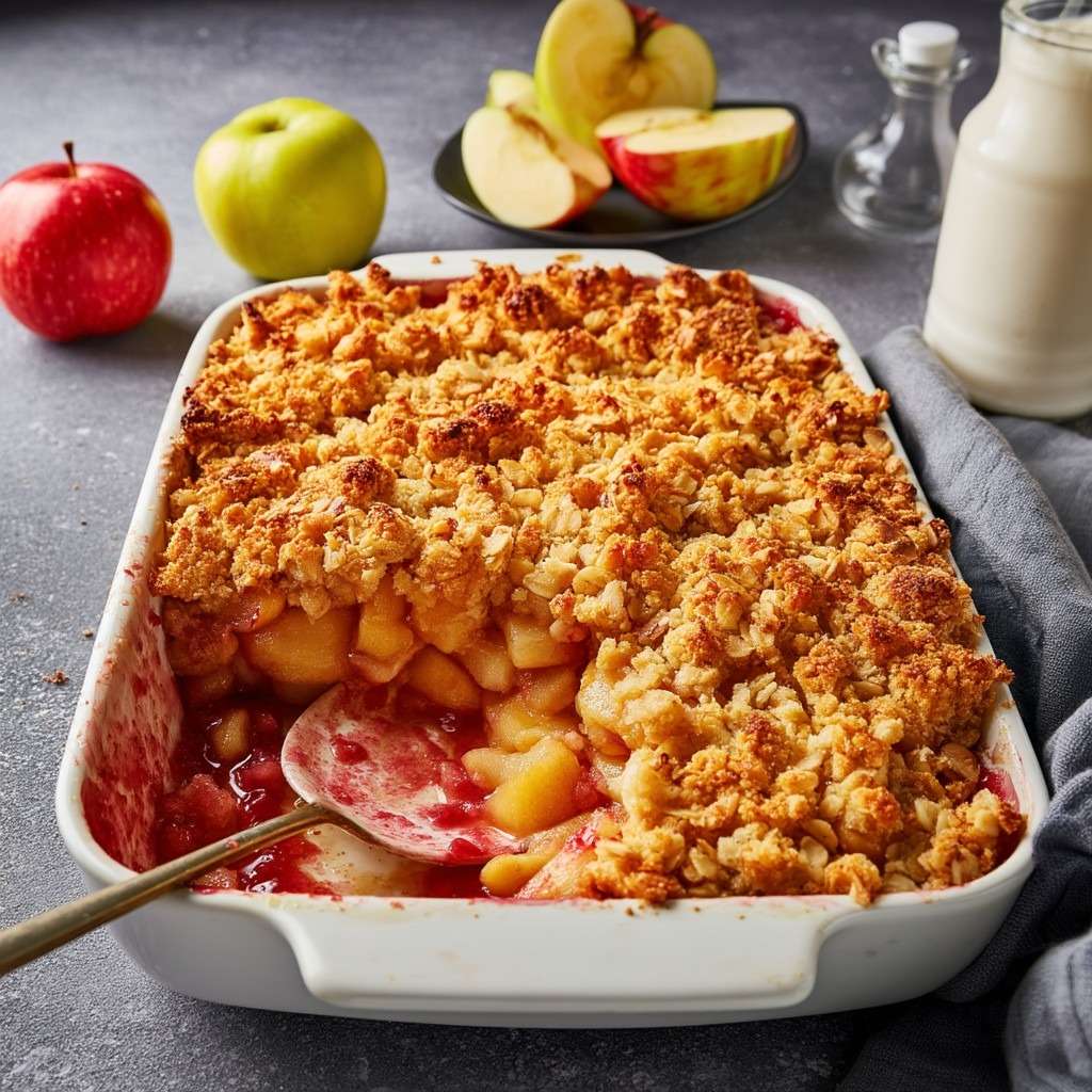 Crumble pommes et fruits rouges doré et croustillant, avec fruits fondants légèrement acidulés, servi chaud dans un plat avec texture sablée.