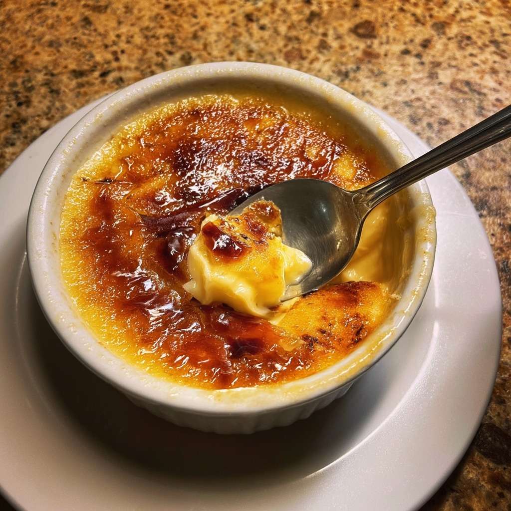 Crème brûlée à la vanille maison avec surface caramélisée dorée et craquante, texture lisse et crémeuse servie en ramequin.
