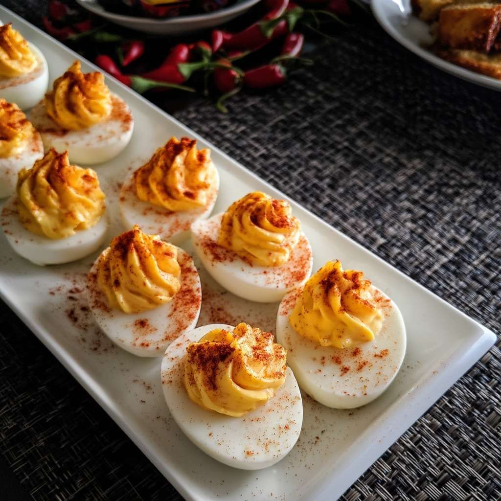 Œufs mimosa garnis d’une crème onctueuse au paprika fumé, légèrement pimentée, décorés d’herbes fraîches et présentés sur un plateau.