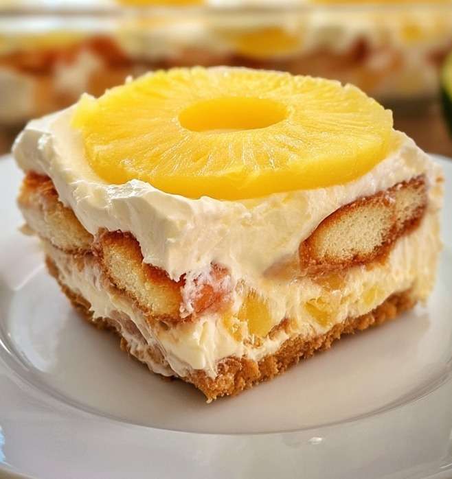 Dessert sans cuisson à l’ananas et mascarpone en verrine, couches de biscuits imbibés, crème onctueuse et morceaux d’ananas frais.