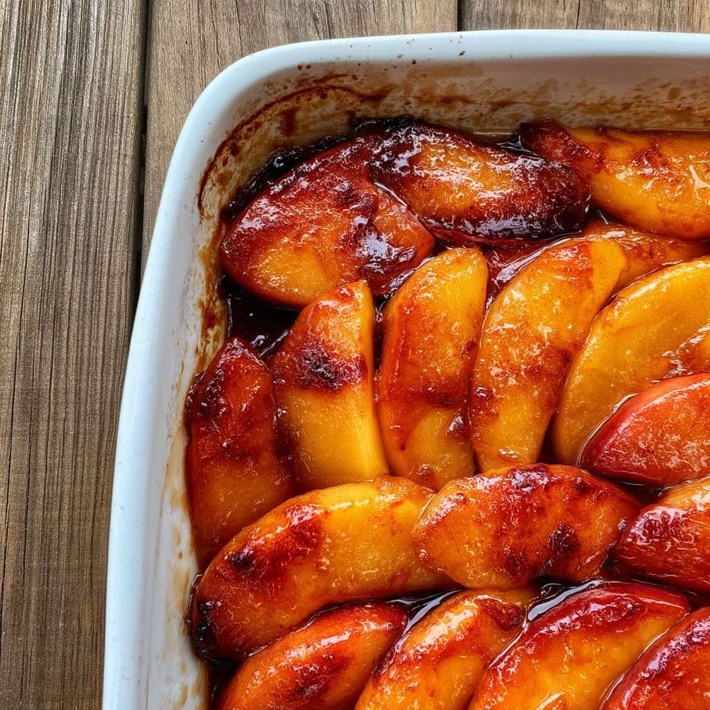 Pommes rôties au caramel fondant doré, quartiers de pommes tendres nappés d’une sauce brillante et servies chaudes en dessert.