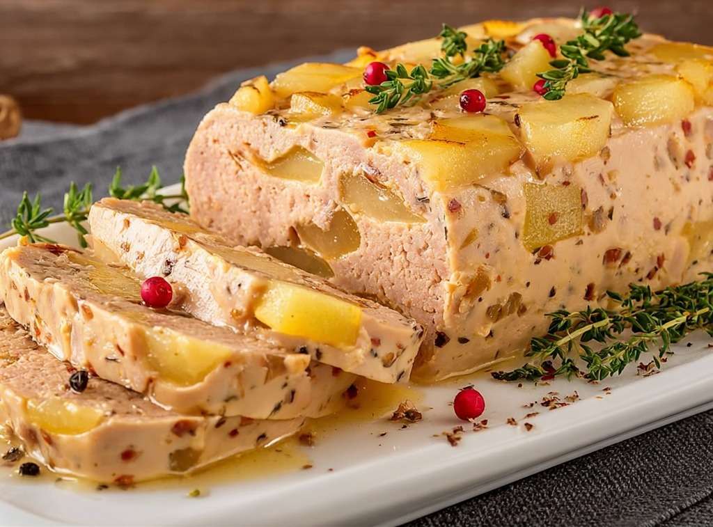 Terrine de foie gras aux poires maison, tranches fondantes avec morceaux de poires visibles, servies avec pain grillé sur une assiette élégante.