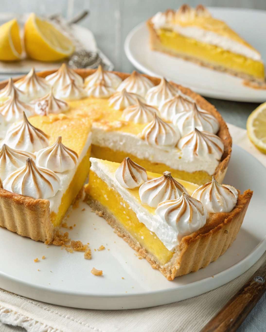 Tarte au citron meringuée maison avec crème citron lisse, meringue dorée et pâte sablée croustillante, présentée sur un plat élégant.