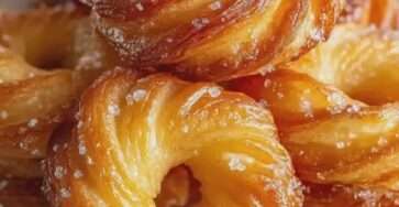 Assiette de crullers français au four dorés et légèrement croustillants, saupoudrés de sucre glace, avec une texture moelleuse à l’intérieur et une forme d’anneau régulière.