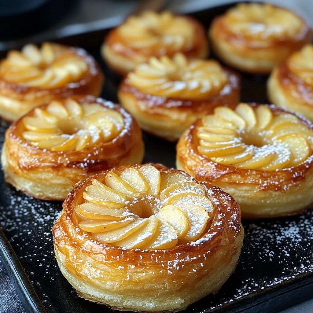 Feuilletés aux pommes dorés et croustillants en forme de rosace, avec fines lamelles de pommes caramélisées et sucre glace, posés sur une plaque de cuisson.