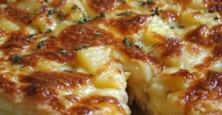 Tarte aux pommes de terre fondantes avec fromage gratiné doré et fines rondelles de pommes de terre, légèrement dorée au four dans un moule.