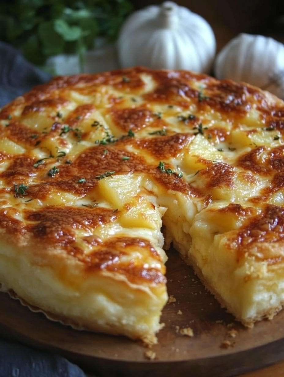 Tarte aux pommes de terre fondantes avec fromage gratiné doré et fines rondelles de pommes de terre, légèrement dorée au four dans un moule.
