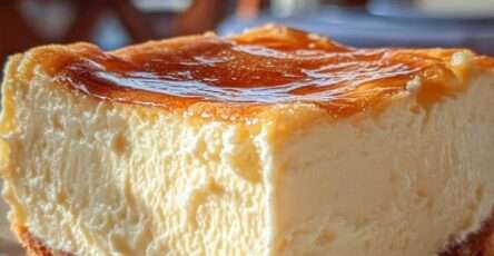 Cheesecake crémeux au fromage frais avec base biscuitée croustillante, surface légèrement dorée et cœur fondant, servi en part sur une assiette.