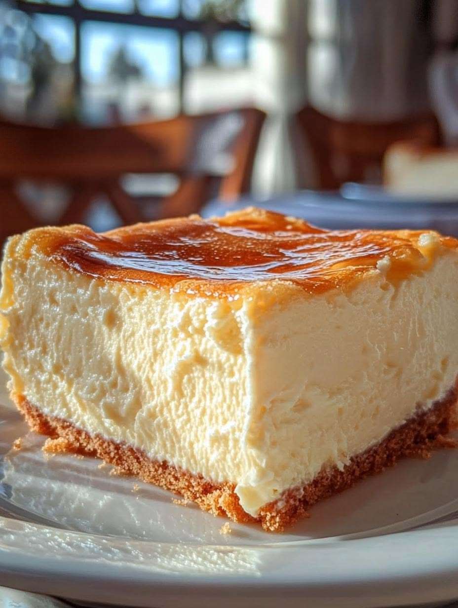 Cheesecake crémeux au fromage frais avec base biscuitée croustillante, surface légèrement dorée et cœur fondant, servi en part sur une assiette.