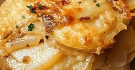 Gratin de pommes de terre au fromage doré au four avec couches fondantes, surface gratinée et texture crémeuse dans un plat.