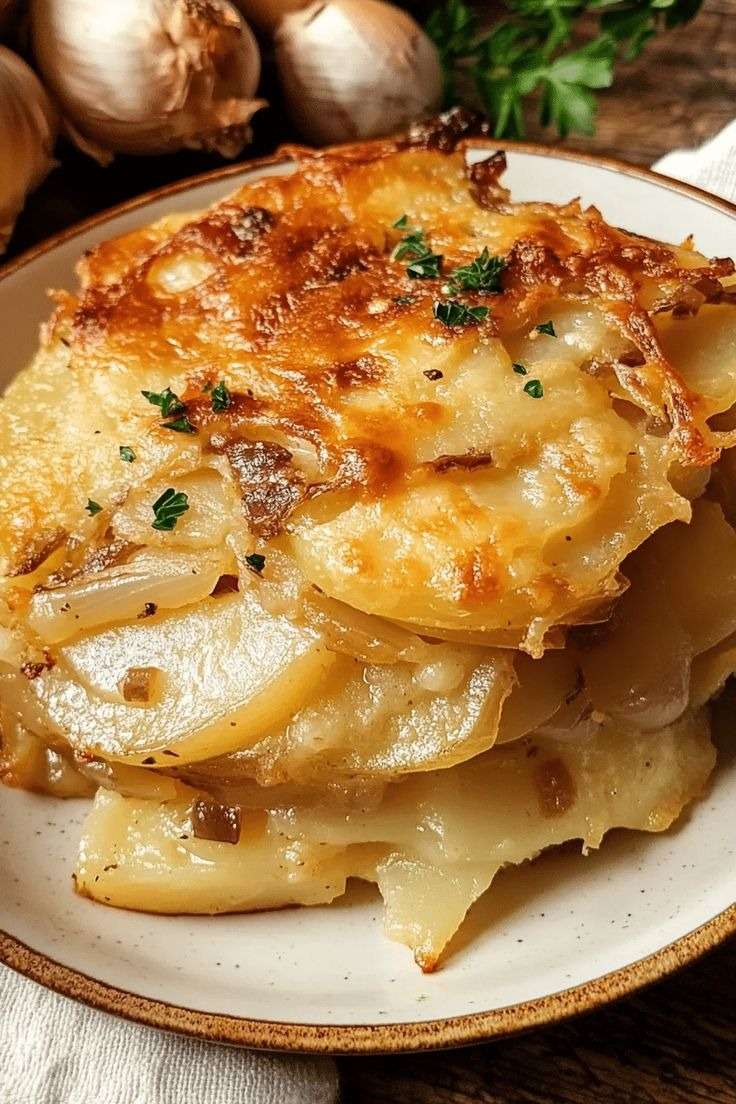 Gratin de pommes de terre au fromage doré au four avec couches fondantes, surface gratinée et texture crémeuse dans un plat.