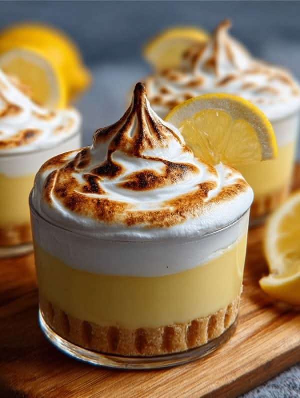 Verrines citron avec base biscuitée, crème citron onctueuse et meringue dorée au chalumeau, présentées en portions individuelles élégantes.