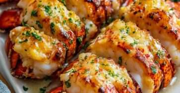 Queues de homard au four nappées de beurre d’ail, chair tendre et légèrement dorée, servies avec persil frais et citron.