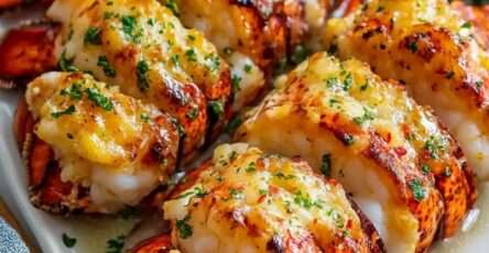 Queues de homard au four nappées de beurre d’ail, chair tendre et légèrement dorée, servies avec persil frais et citron.