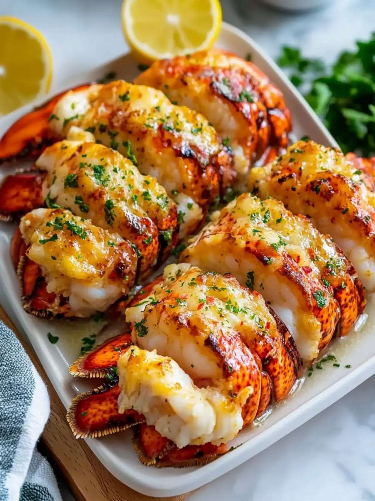 Queues de homard au four nappées de beurre d’ail, chair tendre et légèrement dorée, servies avec persil frais et citron.