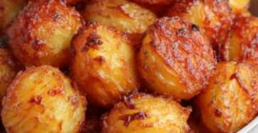 Plat de pommes de terre rôties à la semoule, bien dorées et ultra croustillantes, assaisonnées d’ail, de thym et de paprika, servies chaudes dans un plat rustique.